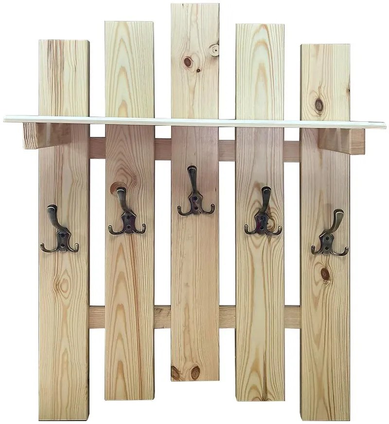 Vešiak s policou 5 kovové rúčky borovica
