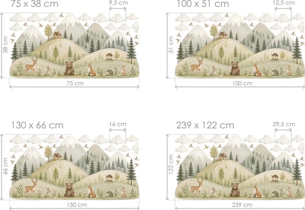 Kopčeky a zvieratká z lesa nálepky na stenu pre deti hárok 75 x 38 cm