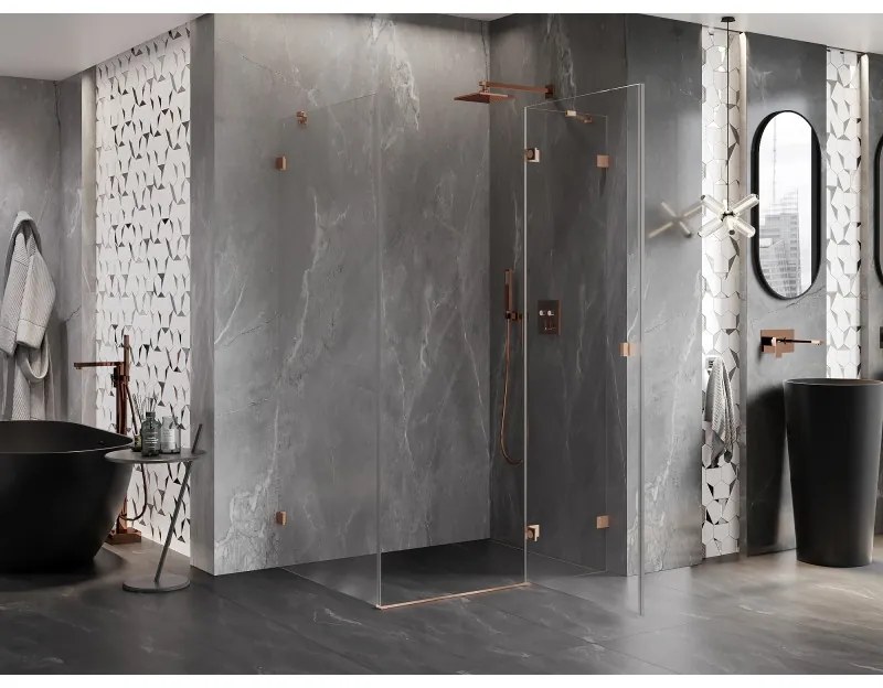 Mexen Lunar, pravostranný výklopný sprchový kút 95 x 90 cm, 8mm číre sklo, profil medená matná, 834-095-090-65-00-P