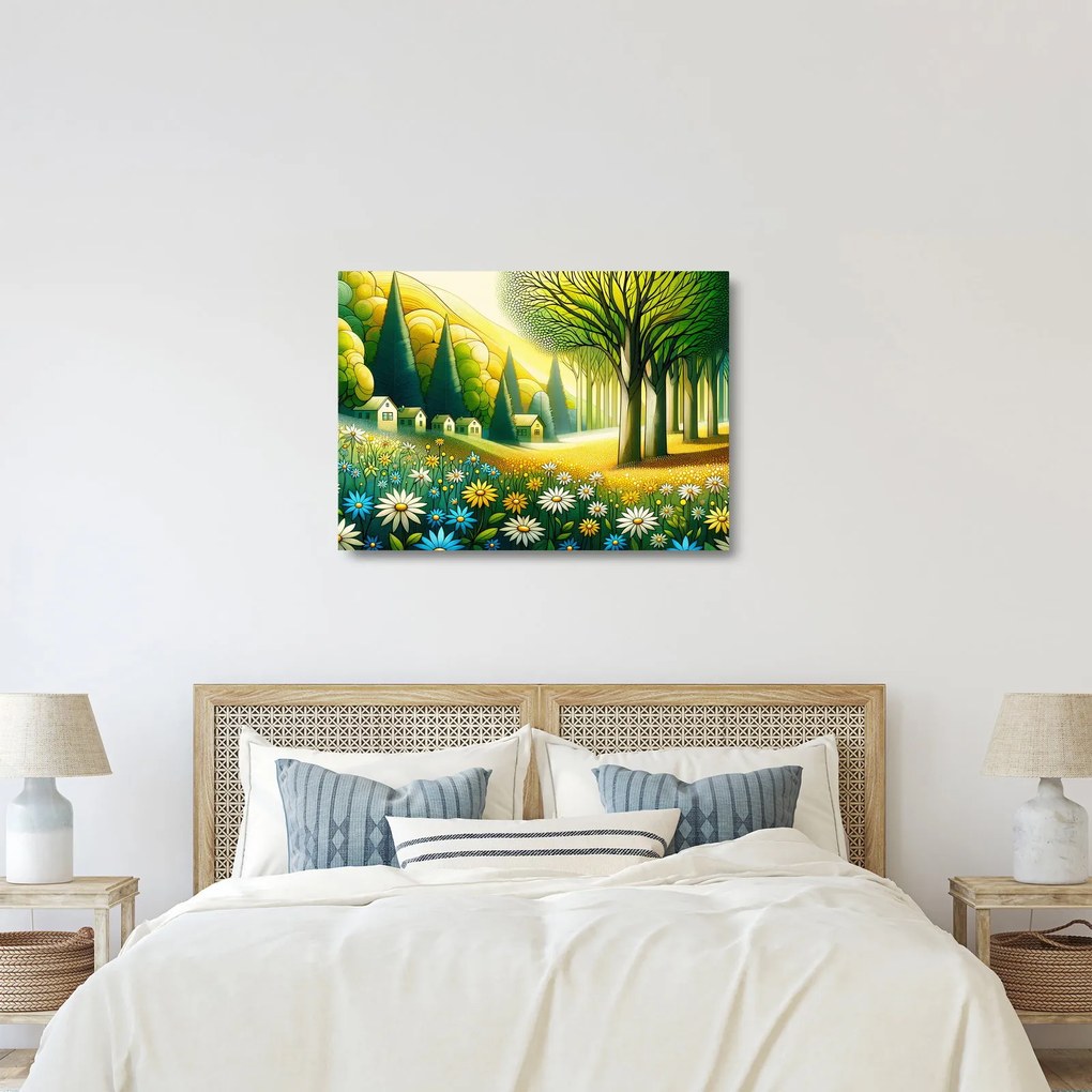 Sklenený obraz - Dedina v žlto-zelenej (70x50 cm)