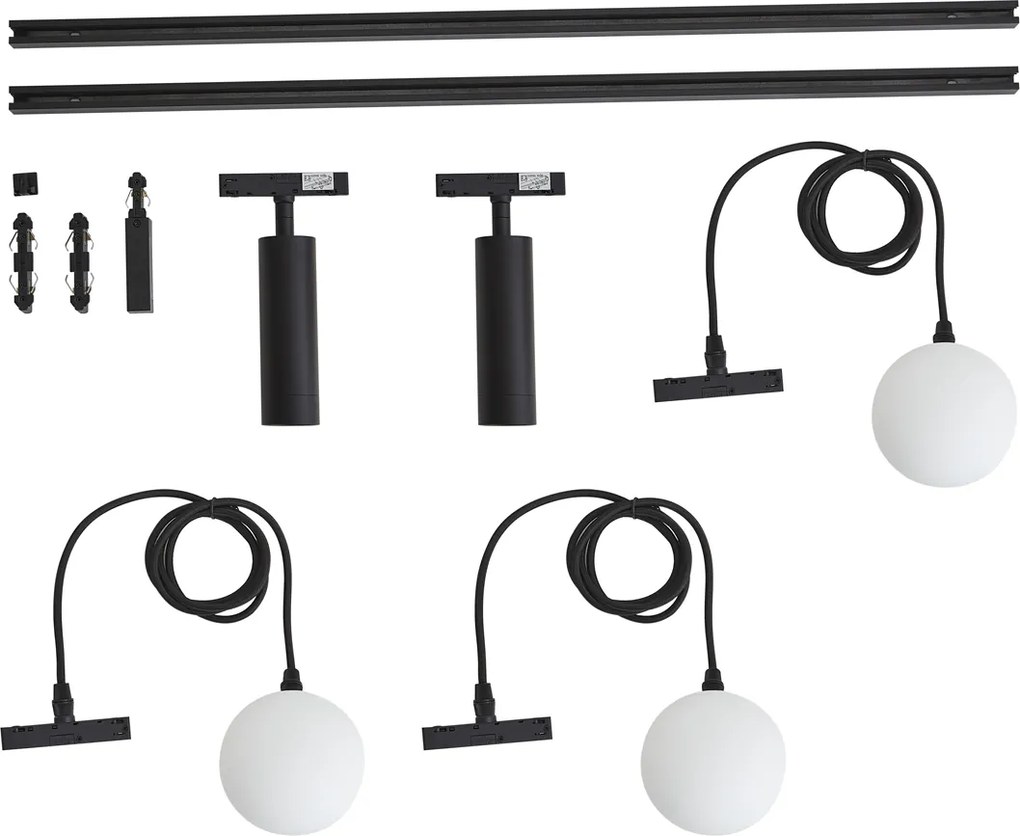 Moderný koľajnicový systém čierny s 2 reflektormi a 3 závesnými svietidlami 1-fázový - Slimline Uzzy Eira