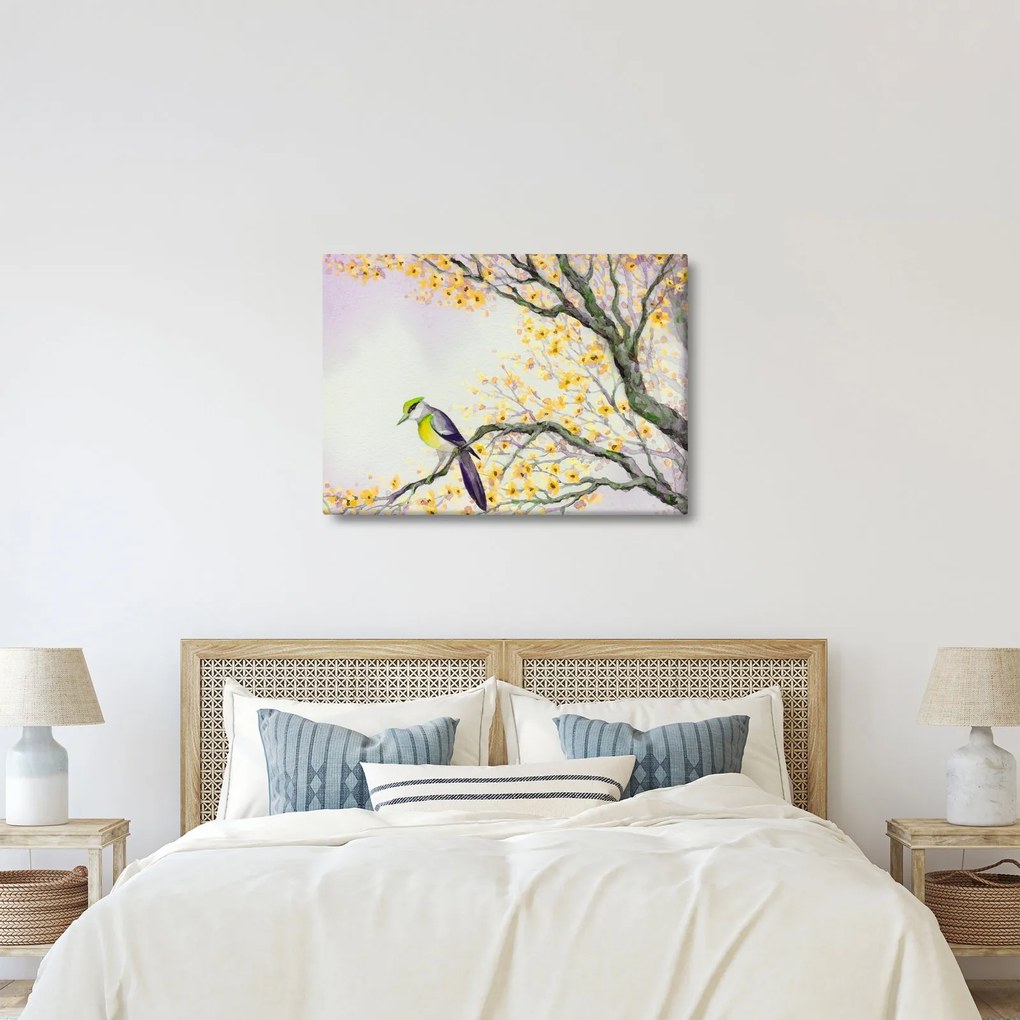 Obraz - Akvarelový vtáčik na strome (70x50 cm)