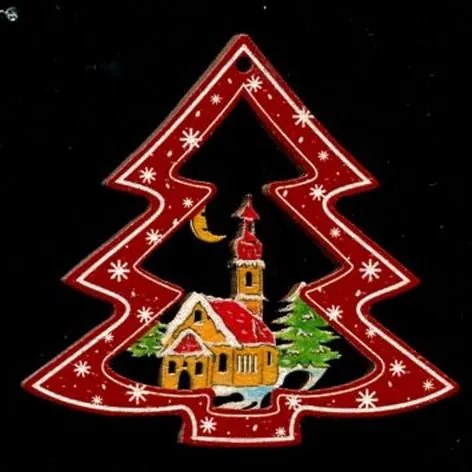 AMADEA Drevená ozdoba farebná stromček s kostolom 6 cm