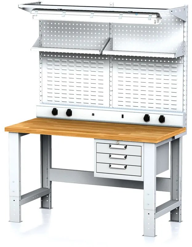 Alfa 3 Nastaviteľný dielenský stôl MECHANIC I + závesný box, nadstavba, polica, el. zásuvky a osvetlenie, 3 zásuvky, 1500x685x700-1055 mm, sivé