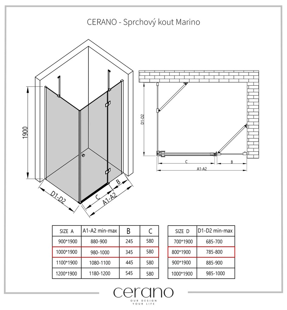 Cerano Marino, sprchovací kút 100(dvere) x 80(stena) x 190 cm, 6mm číre sklo, čierny profil, CER-CER-422871