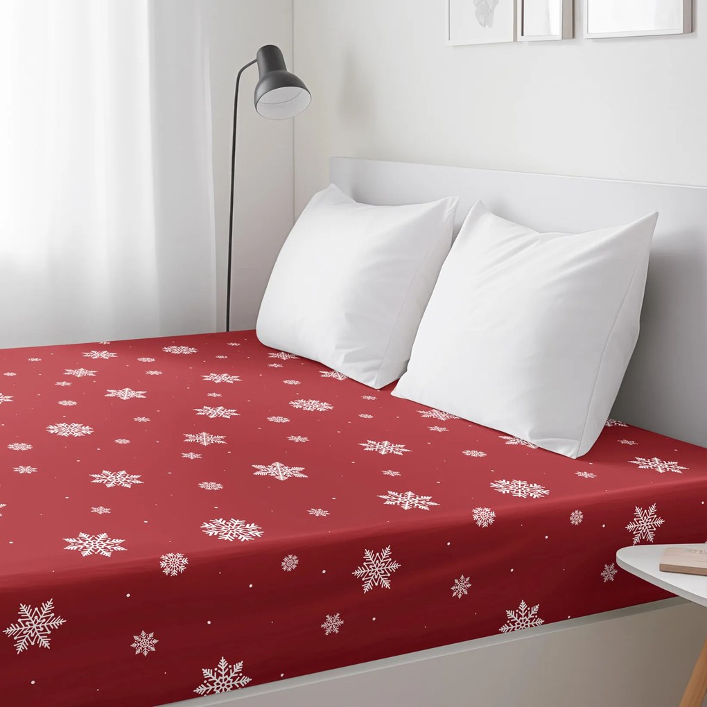 Goldea vianočná bavlnená napínacia plachta - snehové vločky na červenej 200 x 200 cm