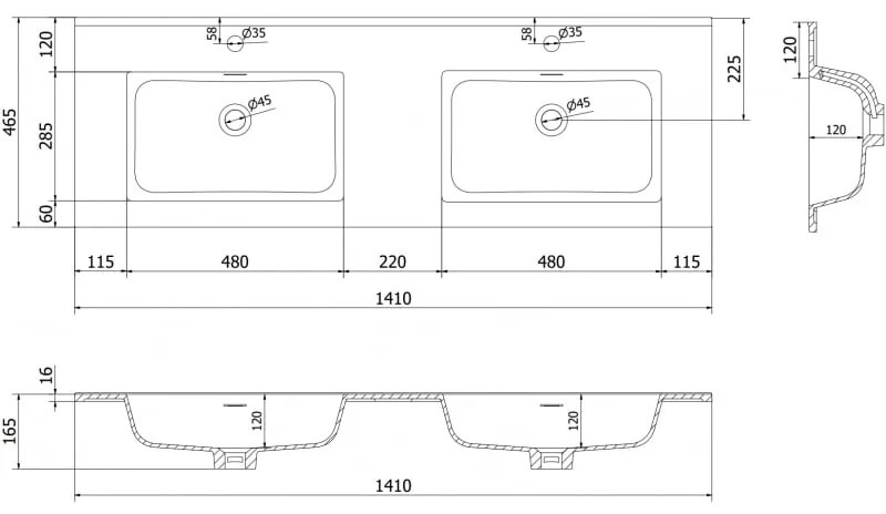Mexen Otis, dvojité umývadlo zapustené do dosky 141 × 46,5 cm, biela matná, 25181401D