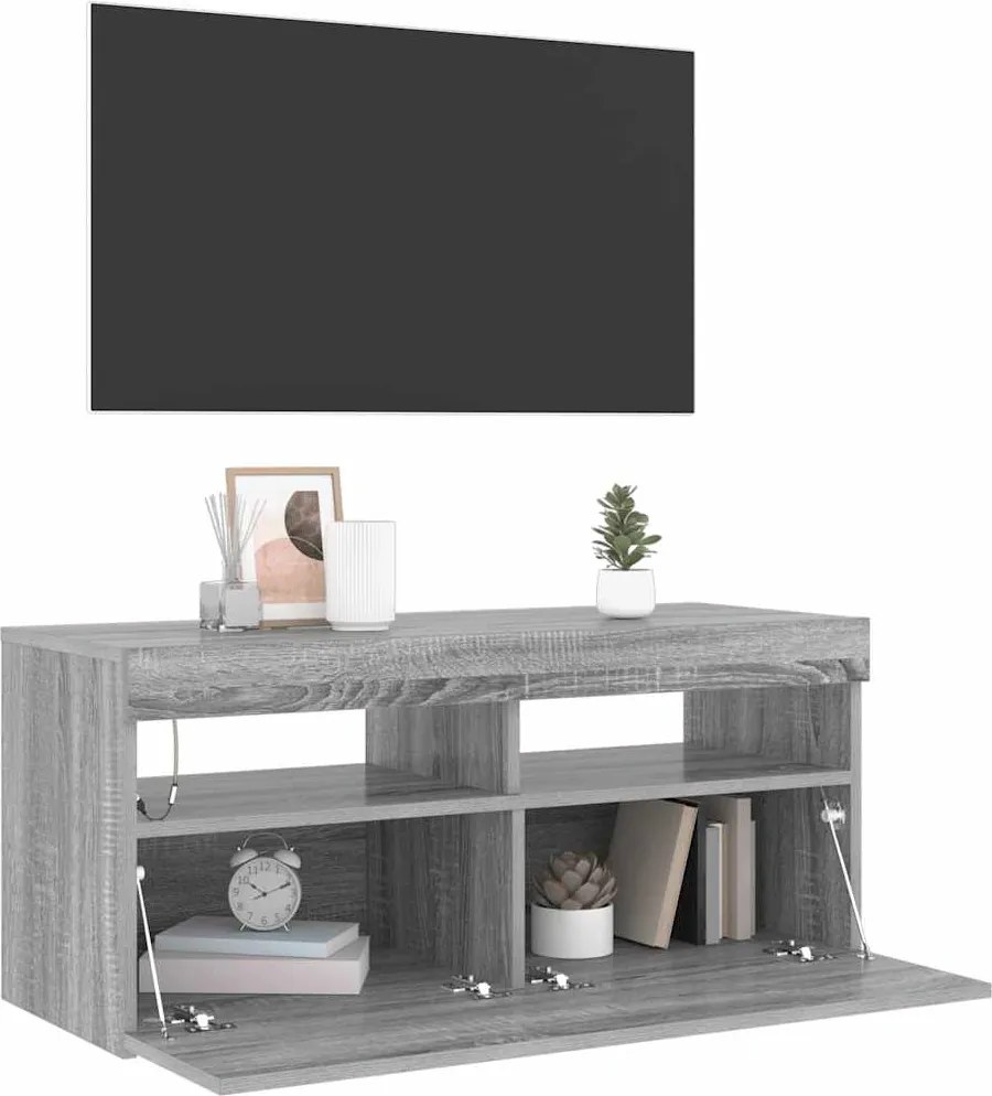 vidaXL TV skrinka s LED svetlami sivý dub sonoma 90x35x40 cm