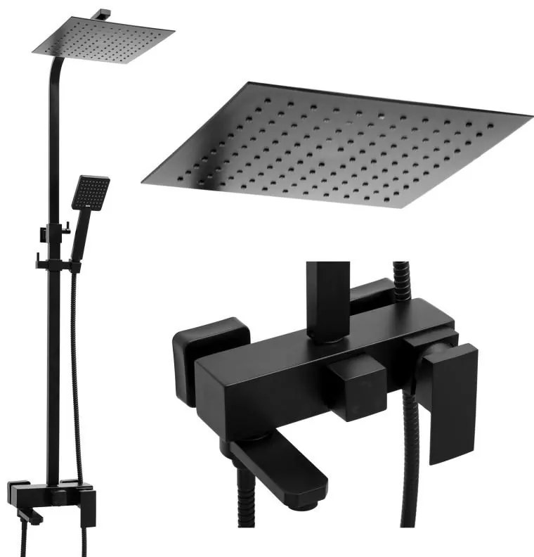 Erga Cube, sprchová súprava s pákovou batériou, vaňovou výlevkou a dažďovou hlavicou 25x25cm, čierna matná, ERG-YKA-BP.CUBE-25-BLK