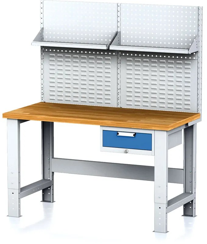 Alfa 3 Nastaviteľný dielenský stôl MECHANIC I, závesný box na náradie, nadstavba, polica, 1 zásuvka, 1500x685x700-1055 mm, modré