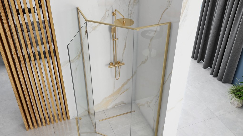 Päťuholníkový sprchový kút REA DIAMOND 90x90 cm, zlatý/transparent + vanička Diamond čierna