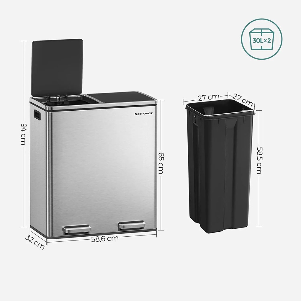 Odpadkový kôš s 2 plastovými vnútornými nádobami, 2 x 30 L, strieborný