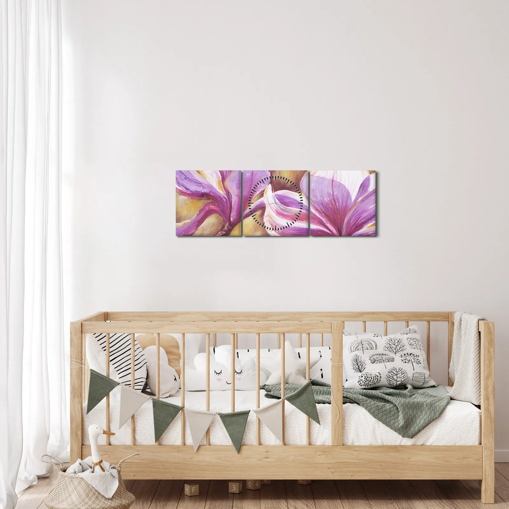Obraz - Kvety magnólie (s hodinami) (90x30 cm)