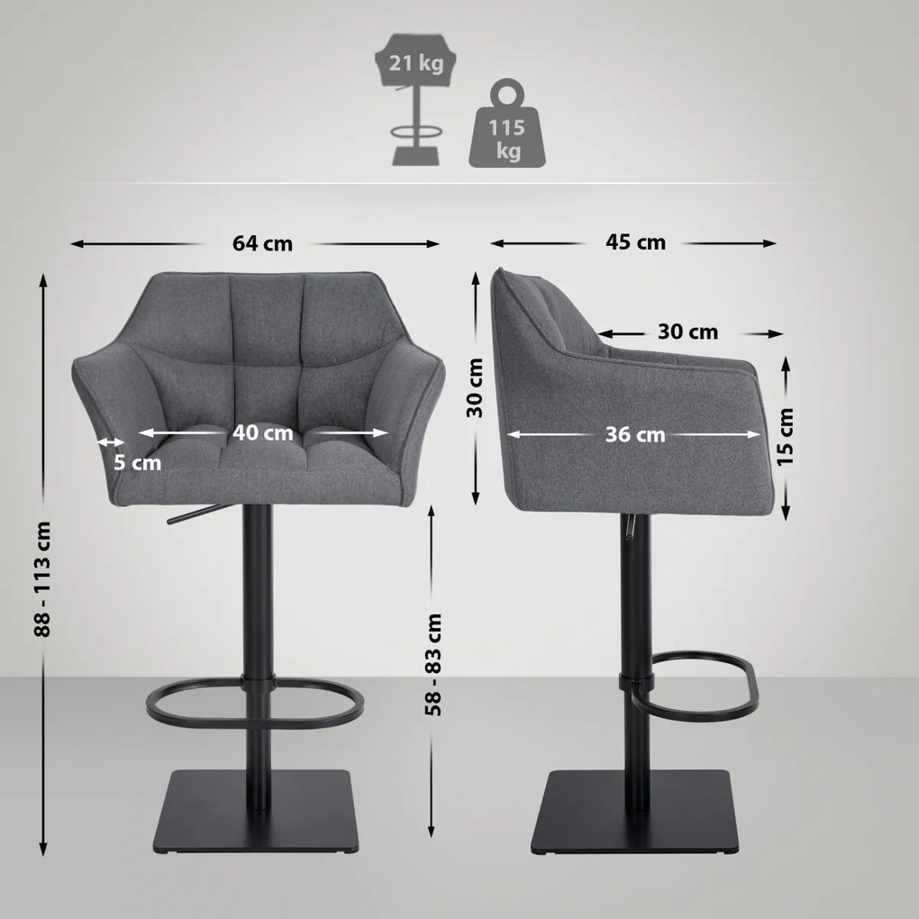 Barová stolička Damaso B - filc, čierny rám - Sivá