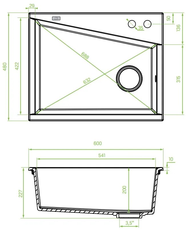 Laveo Grenada, 1-komorový granitový drez 600x480x227 mm, šedá, LAV-SBG_510T
