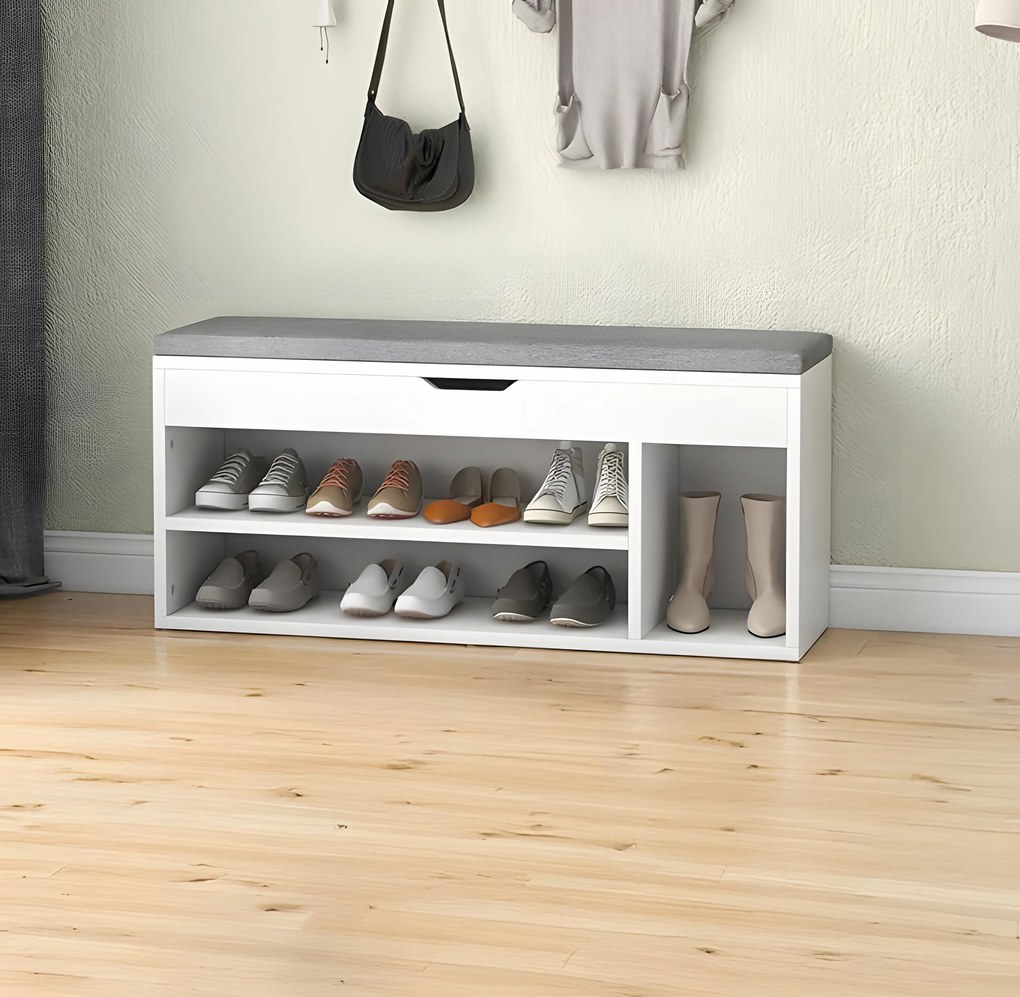 ModernHome Skrinka na topánky so sivým vankúšom - 3 biele police