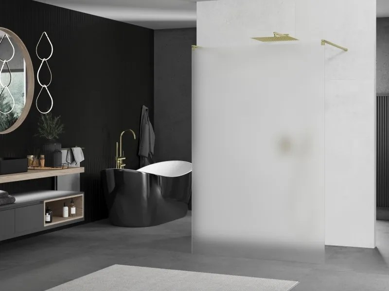 Mexen Kioto, sprchová zástena Walk-In 130 x 200 cm, 8mm sklo námraza, zlatý matný profil, 800-130-002-55-30
