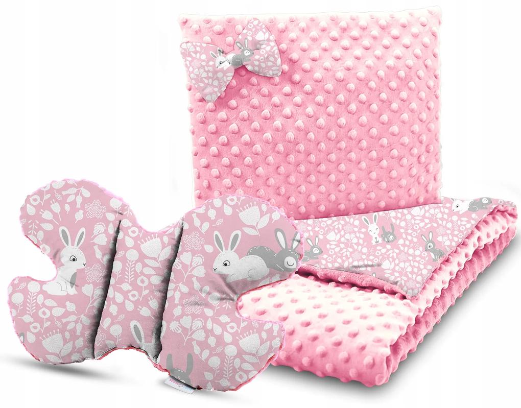 MAXMAX Detská deka do kočíka s vankúšikom a motýlikom - PREMIUM set 3v1 - Ružové králiky s ružovou Minky