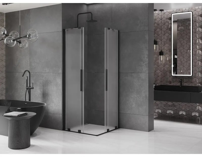 Mexen Velar Duo, sprchový kút s posuvnými dverami 80 x 80 cm, 8mm sklo námraza, čierna matná, 871-080-080-32-70