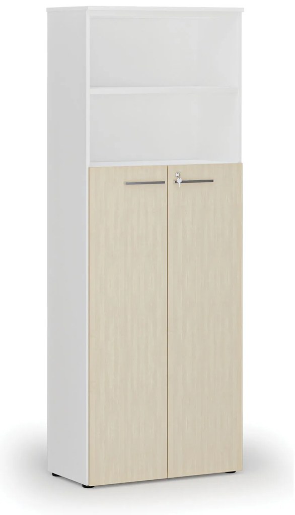Kombinovaná kancelárska skriňa PRIMO WHITE, dvere na 4 poschodia, 800 x 420 x 2128 mm, biela/breza