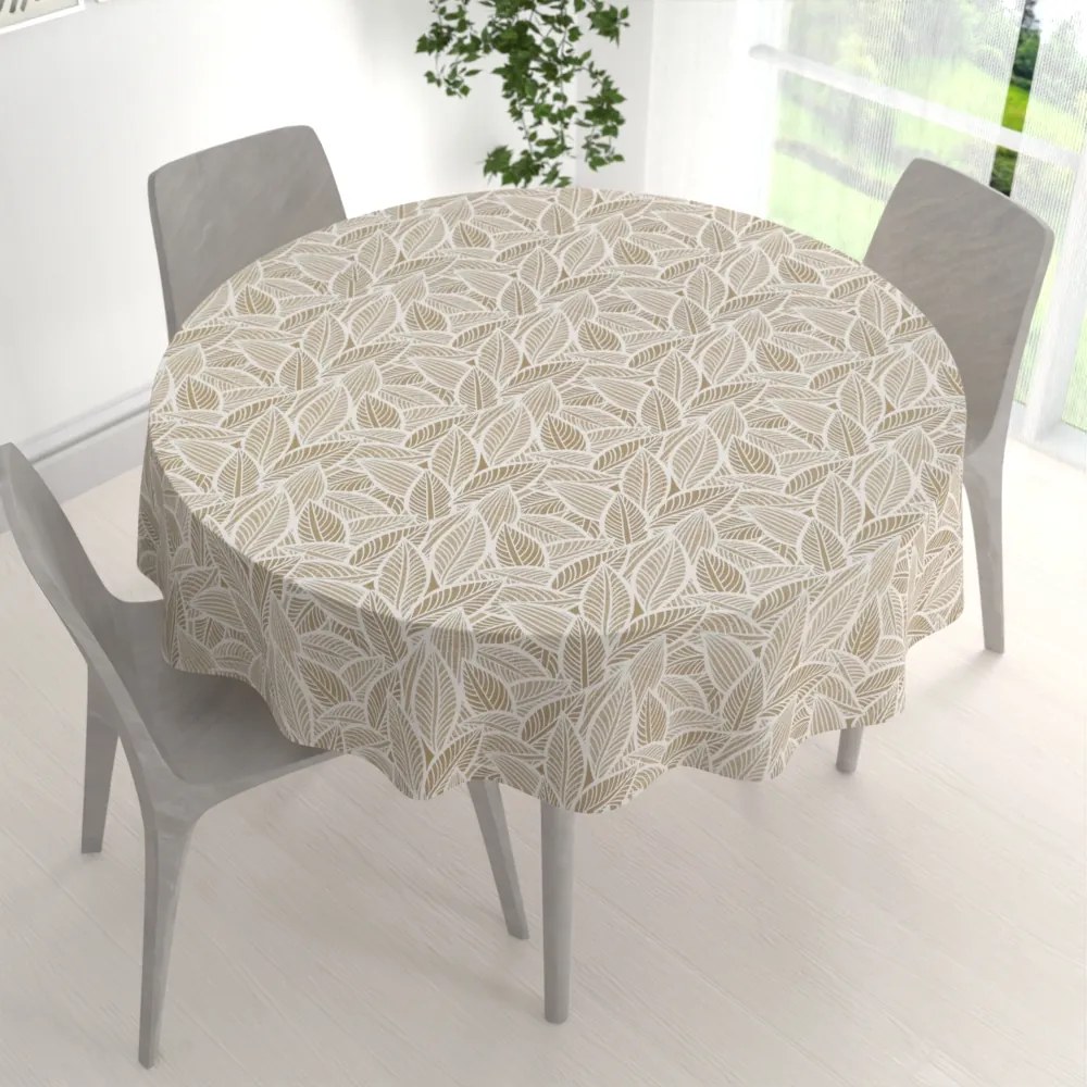 Biante Dekoračný okrúhly obrus Leona LN-168 Biele listy na svetlo hnedom Ø 100 cm