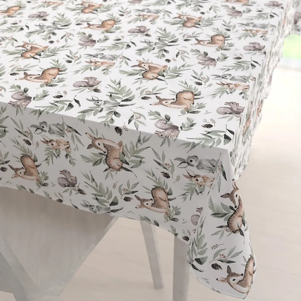Biante Detský bavlnený obdĺžnikový obrus Sandra SA-455 Srnčekovia zajačikovia a veveričky na bielom 140x220 cm