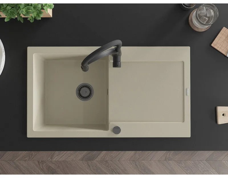 Mexen Leo, granitový drez 900x500x190 mm, 1-komorový a drezová batéria Aster, béžová, 6501-69-73450-70-B