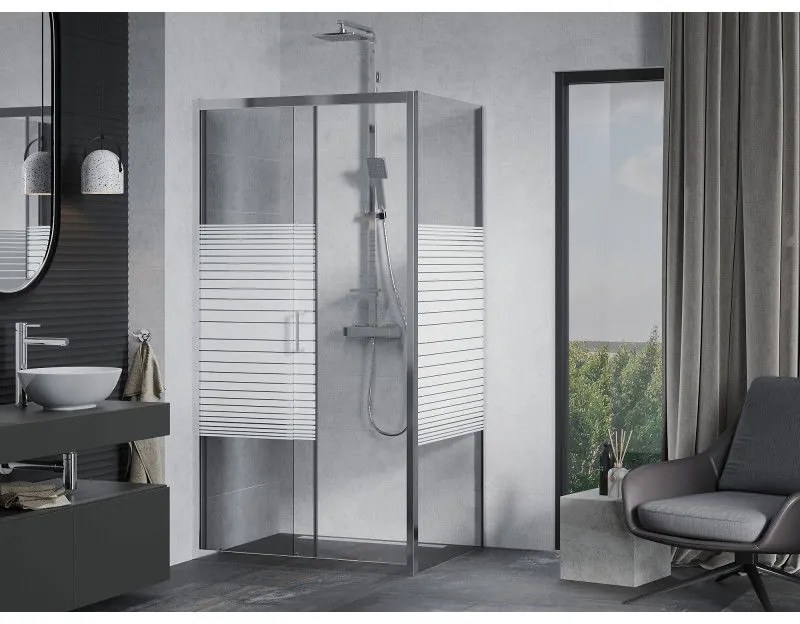 Mexen Apia, sprchový kút s posuvnými dverami 135 (dvere) x 100 (stena) cm, 6mm číre sklo s pásikmi, chrómový profil, 840-135-100-01-20