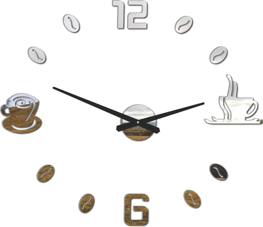 Hodiny na stenu nalepovacie káva | COFFE: Šedá kovová Ral 7005 Strieborné ručičky 3734-96012 12P023