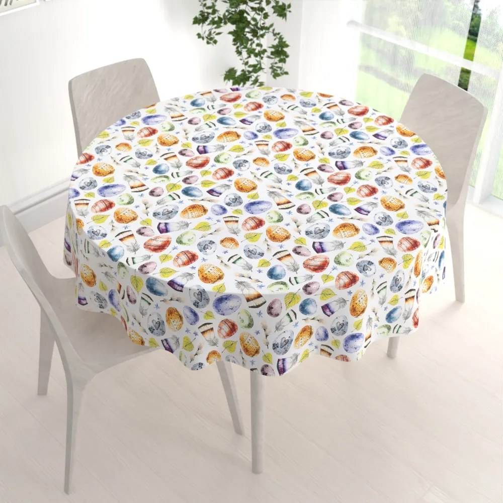 Biante Veľkonočný teflónový okrúhly obrus TF-075 Farebné kraslice a pierka na bielom Ø 60 cm