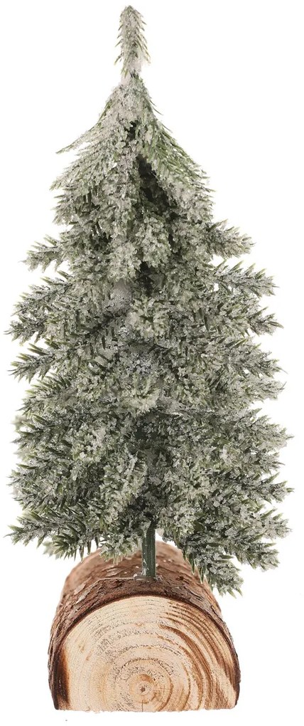 Vianočné zasnežené mini stromčeky na polienku, 20 cm