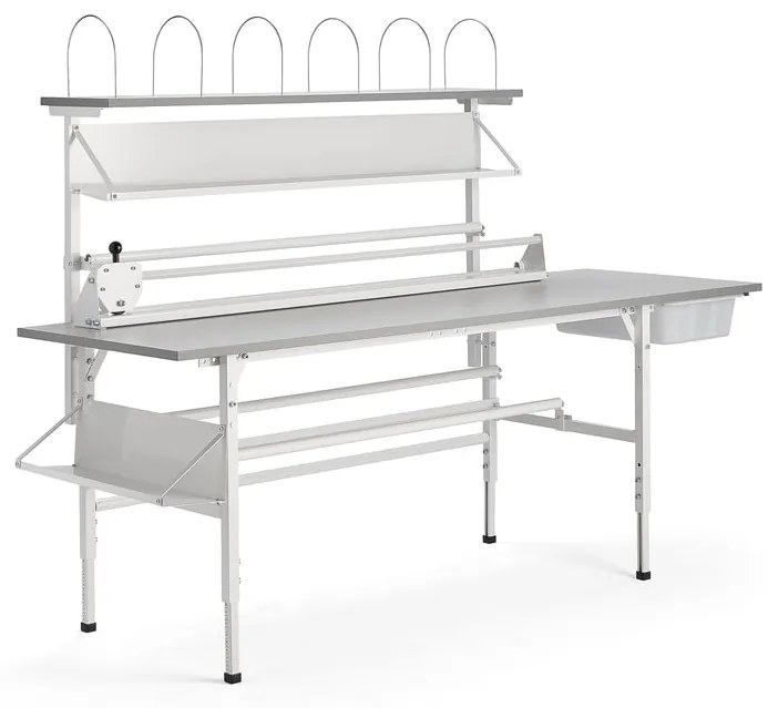 Dielenský baliaci stôl SEND, s policami, 2400x800 mm, šírka rezu 1500 mm