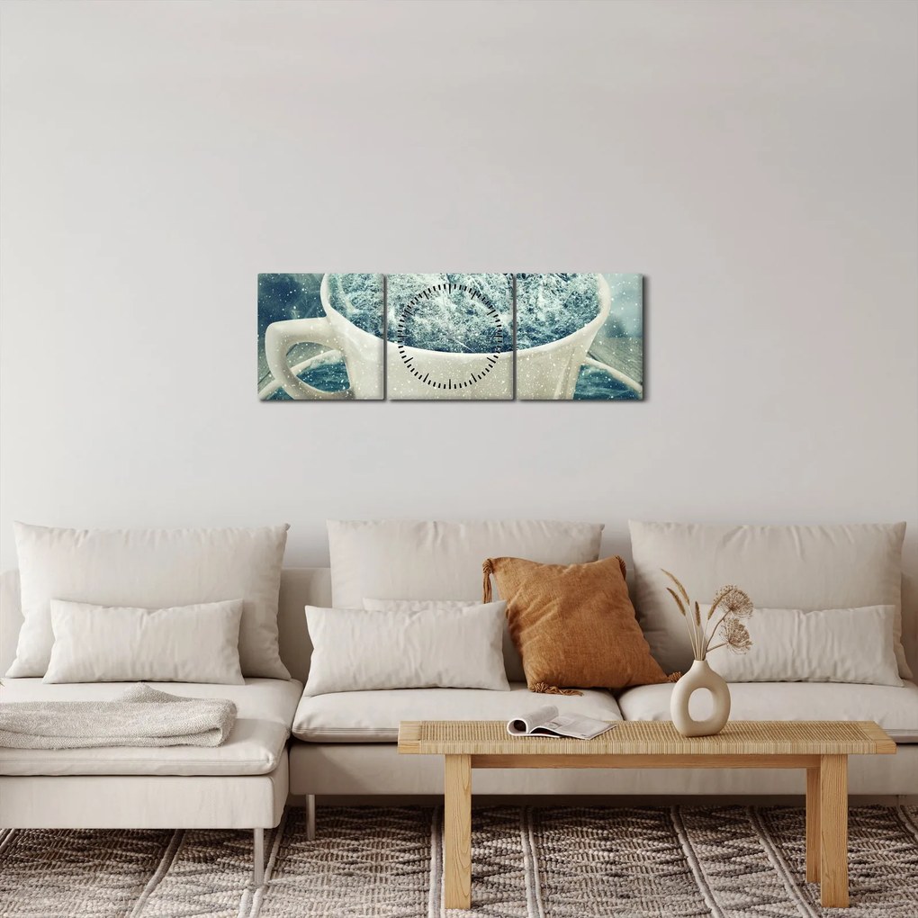 Obraz - Zimný svet v hrnčeku (s hodinami) (90x30 cm)