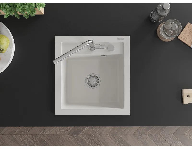 Mexen Vito, 1-komorový granitový drez 490x520x210 mm a drezová batéria Flora, biela, 6503-20-670401-00