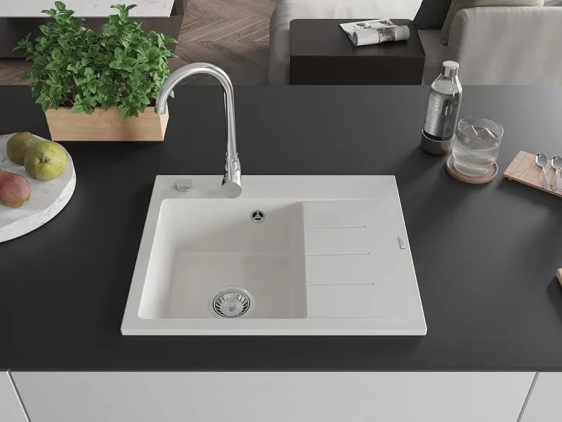 Mexen Ben Granitový drez s 1 komorou a odkvapkávačom, ľavý 600 x 500 mm, biely, sifón chrómový - 6522605000-20
