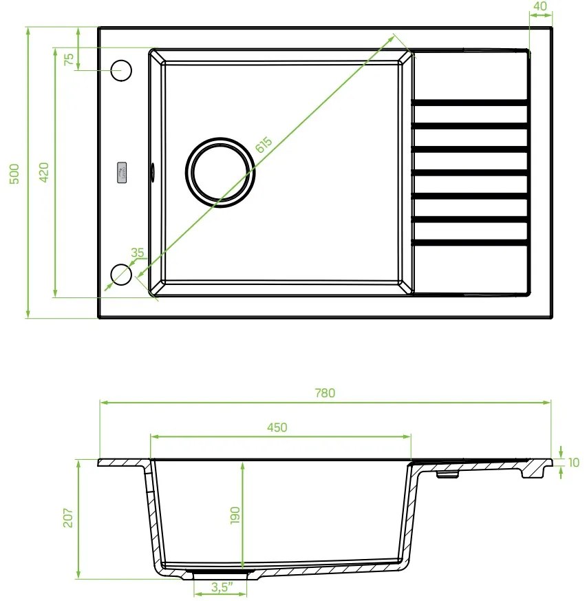 Laveo Pionier, 1-komorový granitový drez 780x500x207 s krátkym odkvapávačom, šedá, LAV-SBR_513T