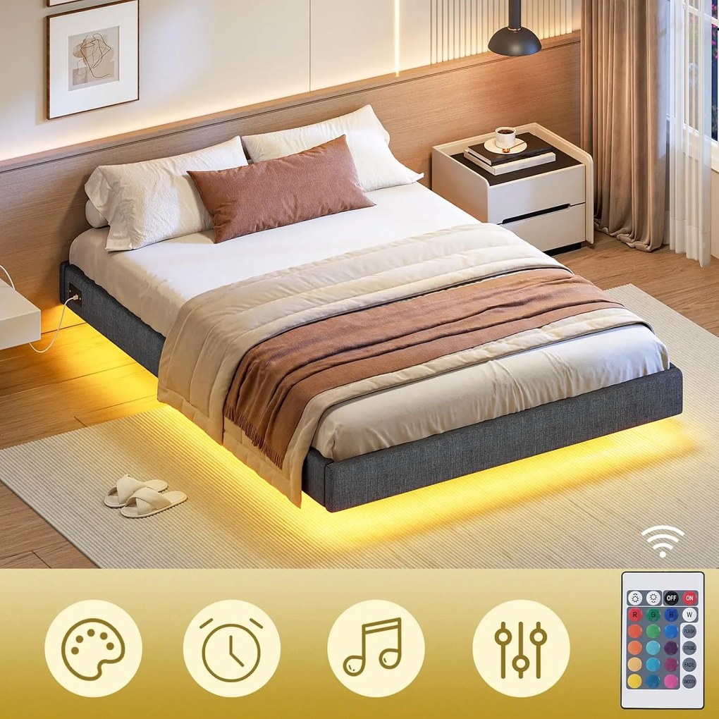 Dvoulůžková postel Timaro 140x200 s nabíjecí stanicí a LED osvětlením šedá