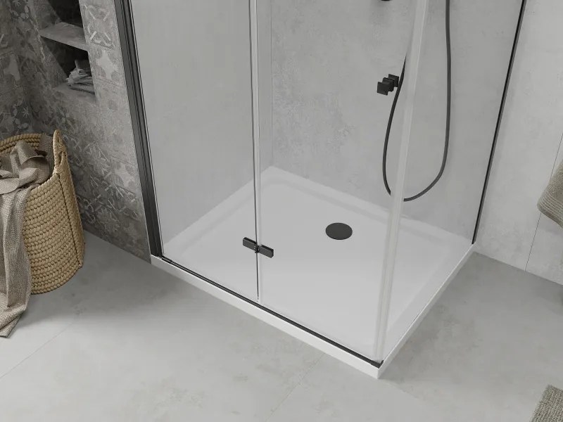 Mexen Lima, sprchovací kút so skladacími dverami 80 (dvere) x 90 (stena) cm, 6mm číre sklo, čierny profil + slim sprchová vanička biela s čiernym sifónom, 856-080-090-70-00-4010B