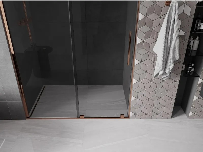 Mexen Velar, posuvné sprchové dvere do otvoru 150 cm, 8mm šedé sklo, ružové zlato, 871-150-000-41-60