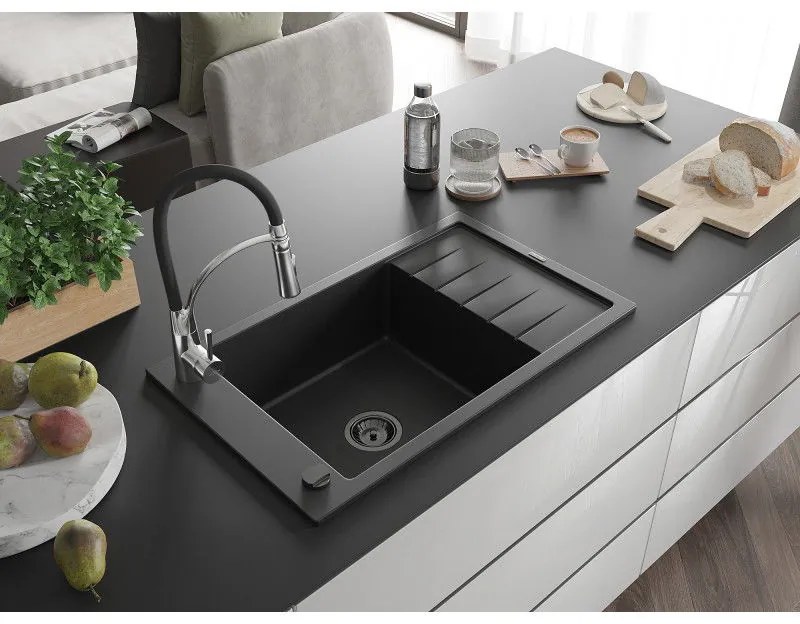 Mexen Elias, 1-komorový granitový drez 795x480x200 mm a drezová batéria Aster, čierna, 6511-77-73450-07-B
