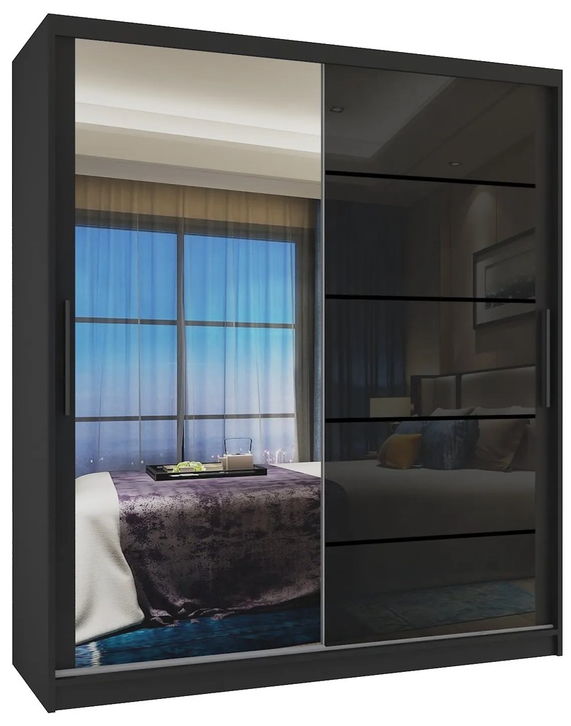 Šatníková skriňa 133 cm Belini čierny mat / čierny lesk s posuvnými dverami zrkadlom a zásuvkami  MGB SZP6/1/B/1L5B/KLP