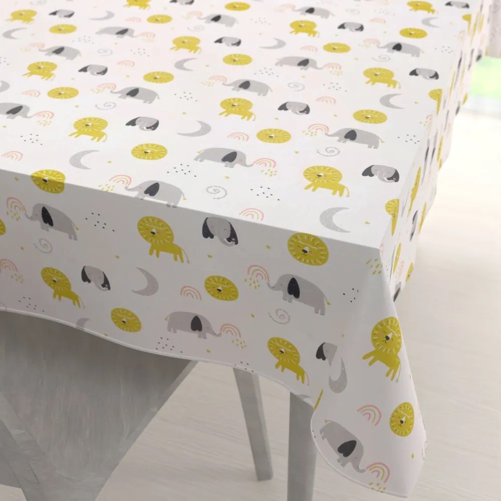 Biante Detský bavlnený obdĺžnikový obrus Sandra SA-649 Slony a levy na bielom 140x220 cm