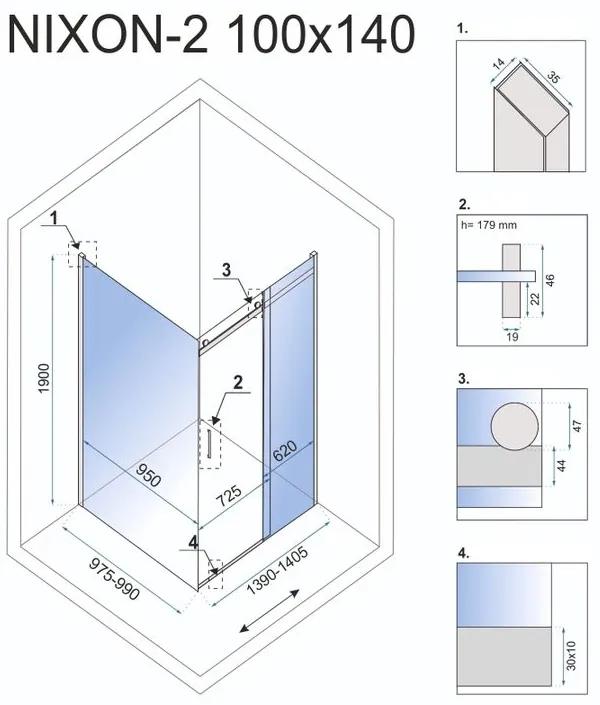 Rea Nixon, sprchovací kút s posuvnými dverami 140(dvere) x 100(stena), pravý, 8mm číre sklo, chrómový profil, KPL-00436