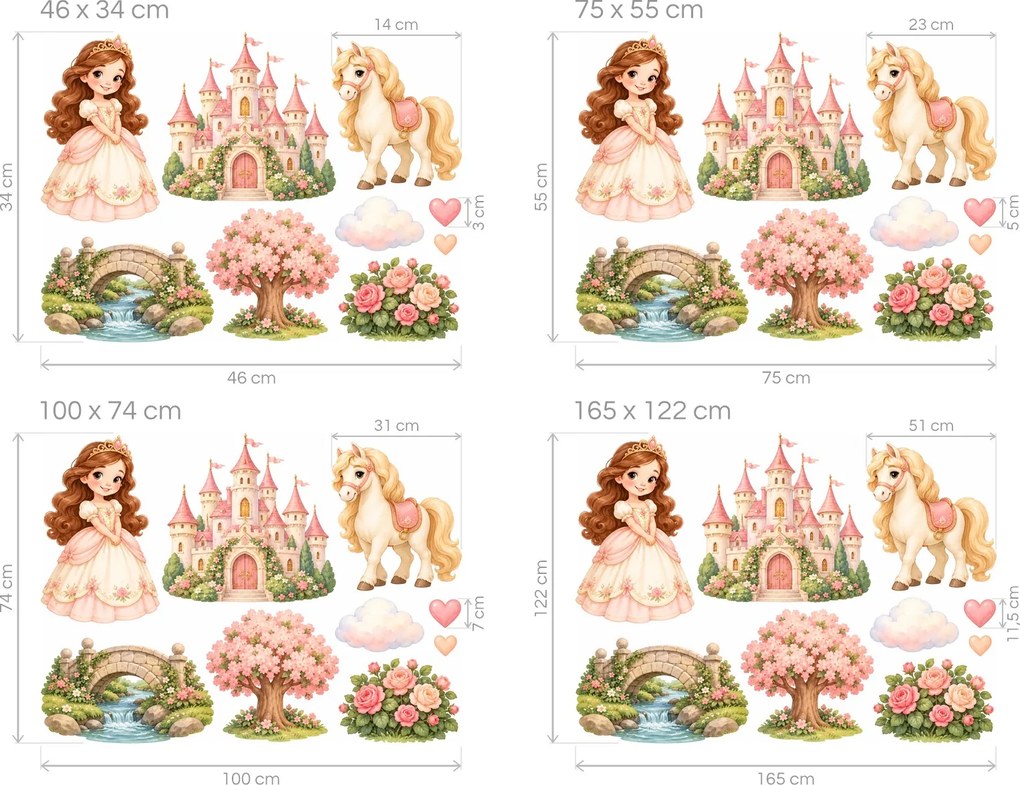 Jarná princezná s poníkom romantické akvarelové nálepky na stenu pre malé princezné arch 75 x 55 cm