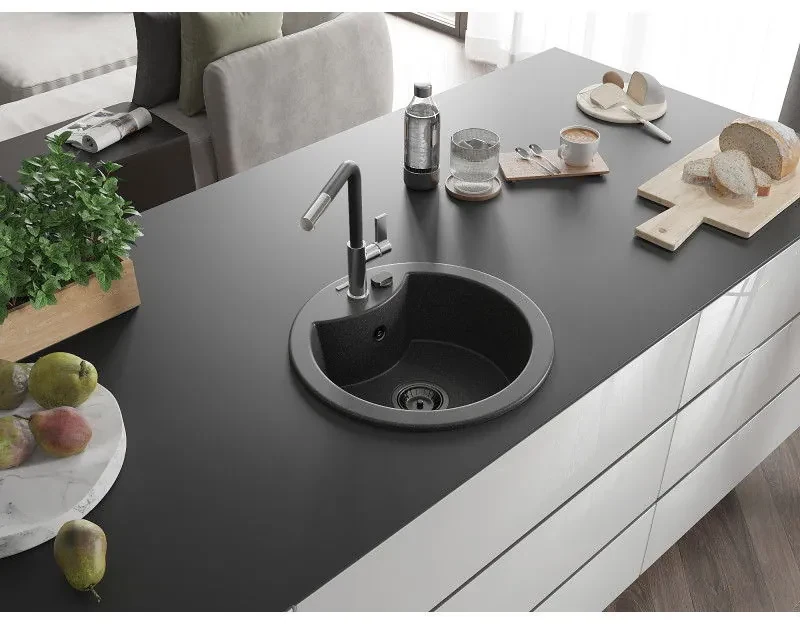 Mexen Diego, 1-komorový granitový drez 488x488x167 mm a drezová batéria Flora, čierna škvrnitá, 6512-76-670401-07-B