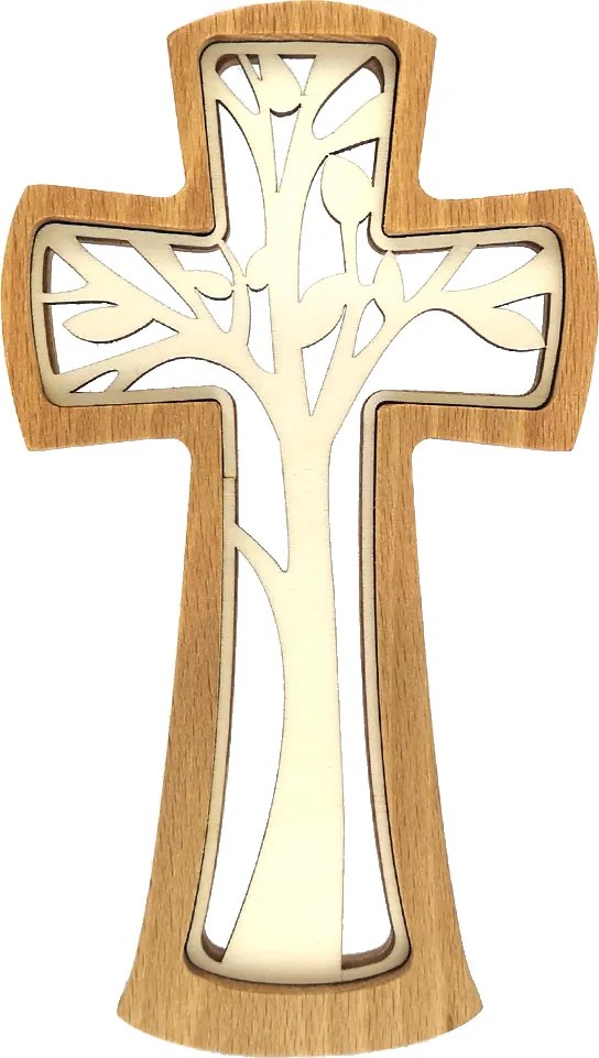 AMADEA Drevený kríž z masívu s vkladom v tvare stromu 20 cm