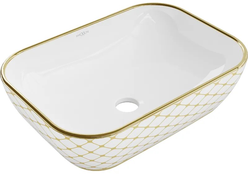 Mexen Rita, umývadlo na dosku 45x32x14 cm, biela lesklá-zlatý vzor, 21084509