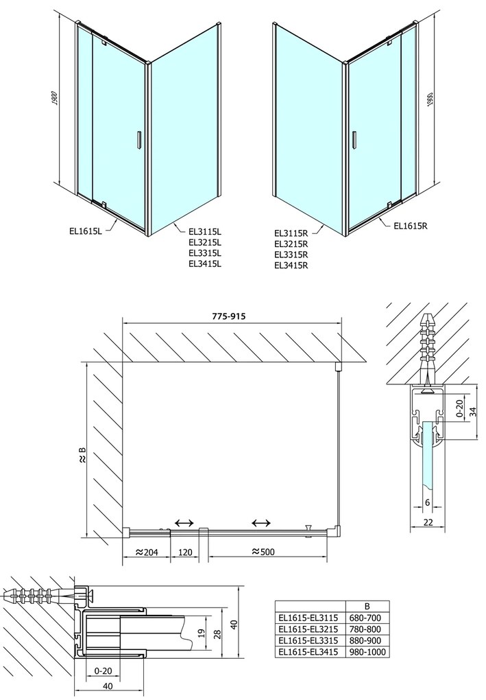Polysan Polysan, Easy Line obdĺžniková/štvorcová sprchová zástena pivot dvere 800-900x900mm L/P v, EL1615EL3315