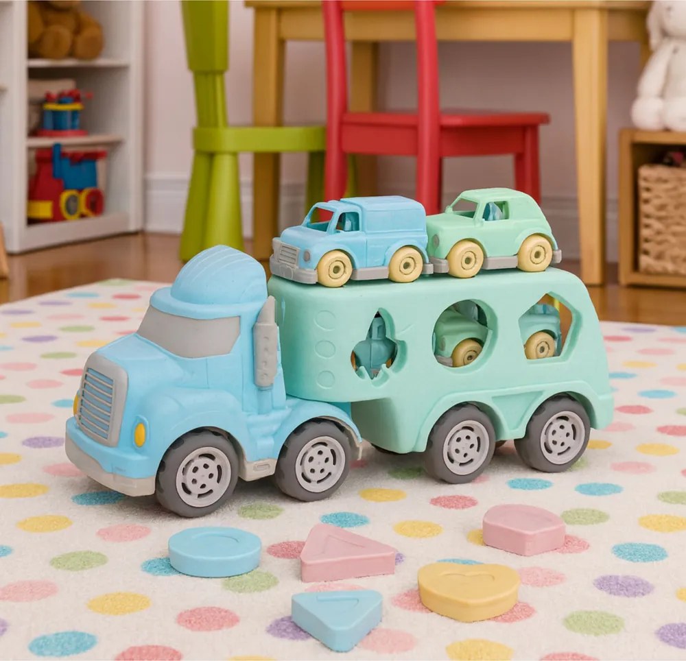 LEAN Toys Náučný triedič odťahové auto s autíčkami a kockami, pastelový BIO plast