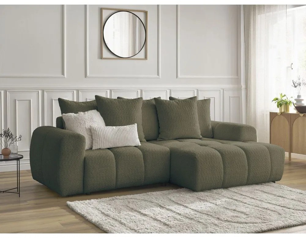 Kaki rozkladacia/s úložným priestorom rohová pohovka z textílie buklé (pravý roh/s leňoškou) Roxelane – Bobochic Paris